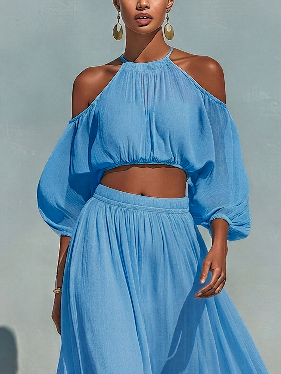 Women’s Blue Tencel Two Piece Set Cold Shoulder Halter Crop Top Maxi Skirt Set Flowy Summer Resort Vacation Elegant Matching Outfit