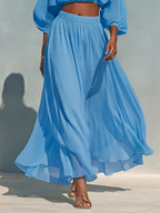Women’s Blue Tencel Two Piece Set Cold Shoulder Halter Crop Top Maxi Skirt Set Flowy Summer Resort Vacation Elegant Matching Outfit
