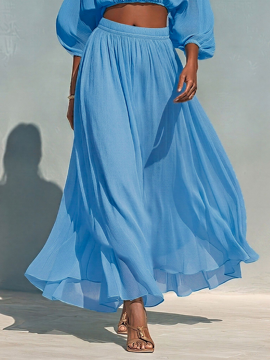 Women’s Blue Tencel Two Piece Set Cold Shoulder Halter Crop Top Maxi Skirt Set Flowy Summer Resort Vacation Elegant Matching Outfit