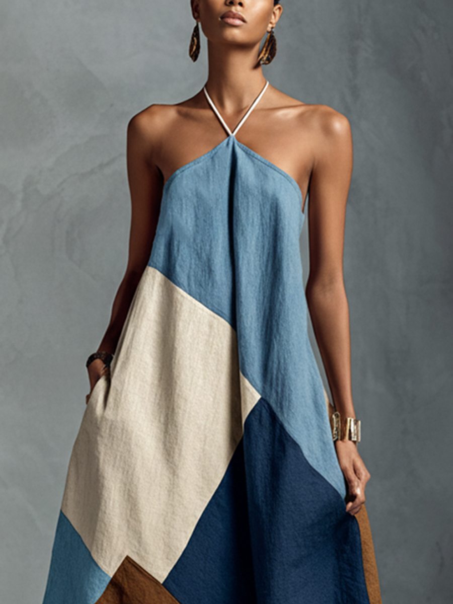 Women’s Bohemian Patchwork Halter Maxi Dress — Multi-Color Cotton Linen Blend, Flowy Summer Resort Dress