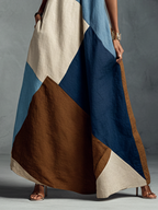 Women’s Bohemian Patchwork Halter Maxi Dress — Multi-Color Cotton Linen Blend, Flowy Summer Resort Dress