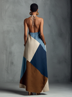 Women’s Bohemian Patchwork Halter Maxi Dress — Multi-Color Cotton Linen Blend, Flowy Summer Resort Dress