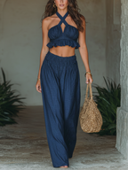 Women’s Navy Blue Bohemian Cotton-Linen Two-Piece Set — Halter Crop Top & Wide-Leg Pants
