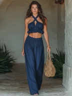Women’s Navy Blue Bohemian Cotton-Linen Two-Piece Set — Halter Crop Top & Wide-Leg Pants