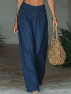 Women’s Navy Blue Bohemian Cotton-Linen Two-Piece Set — Halter Crop Top & Wide-Leg Pants