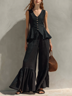 Women’s Black Cotton-Linen Two-Piece Set — V-Neck Ruffled Sleeveless Top & Relaxed Trousers, Casual Chic Outfit