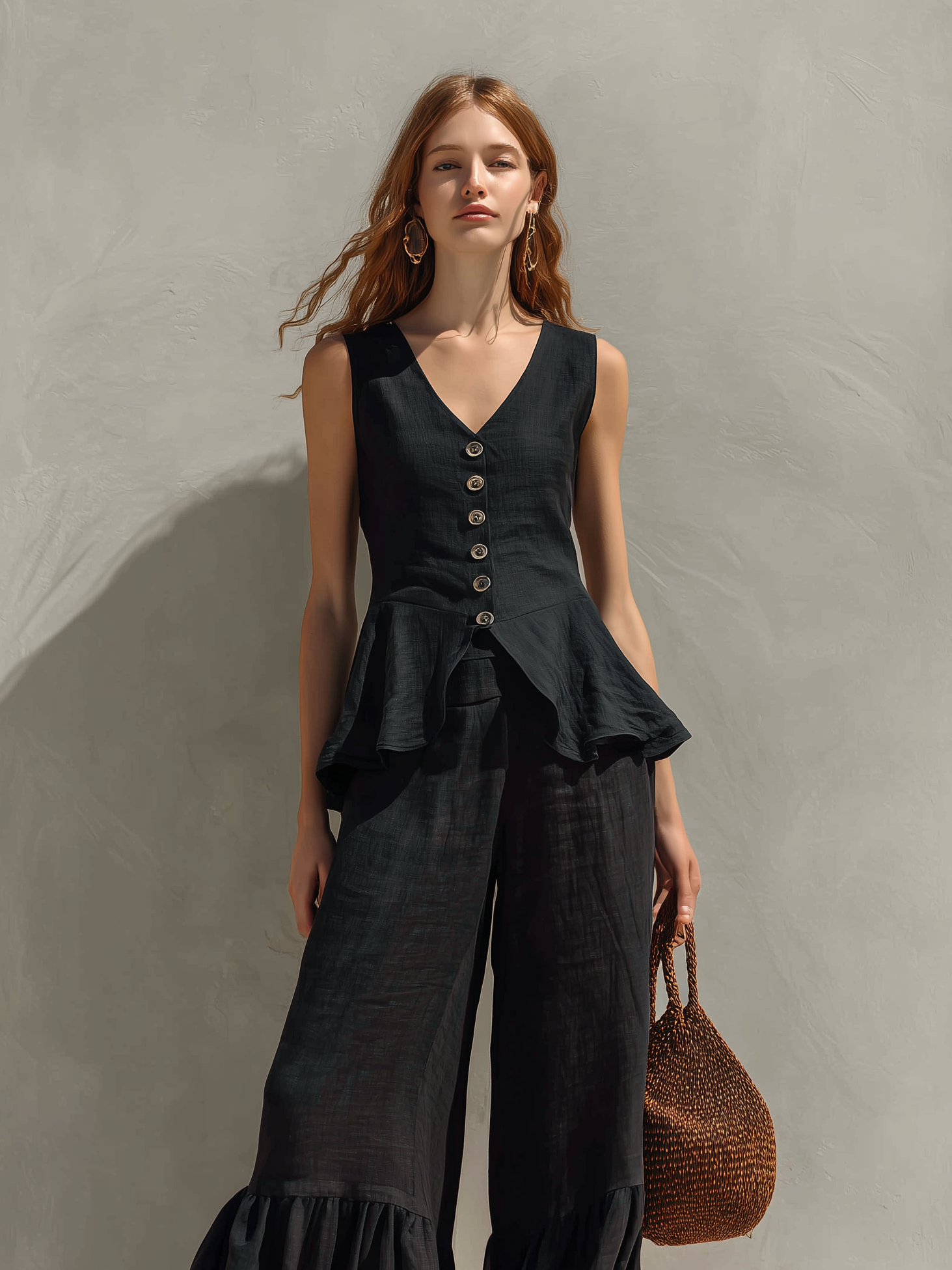 Women’s Black Cotton-Linen Two-Piece Set — V-Neck Ruffled Sleeveless Top & Relaxed Trousers, Casual Chic Outfit