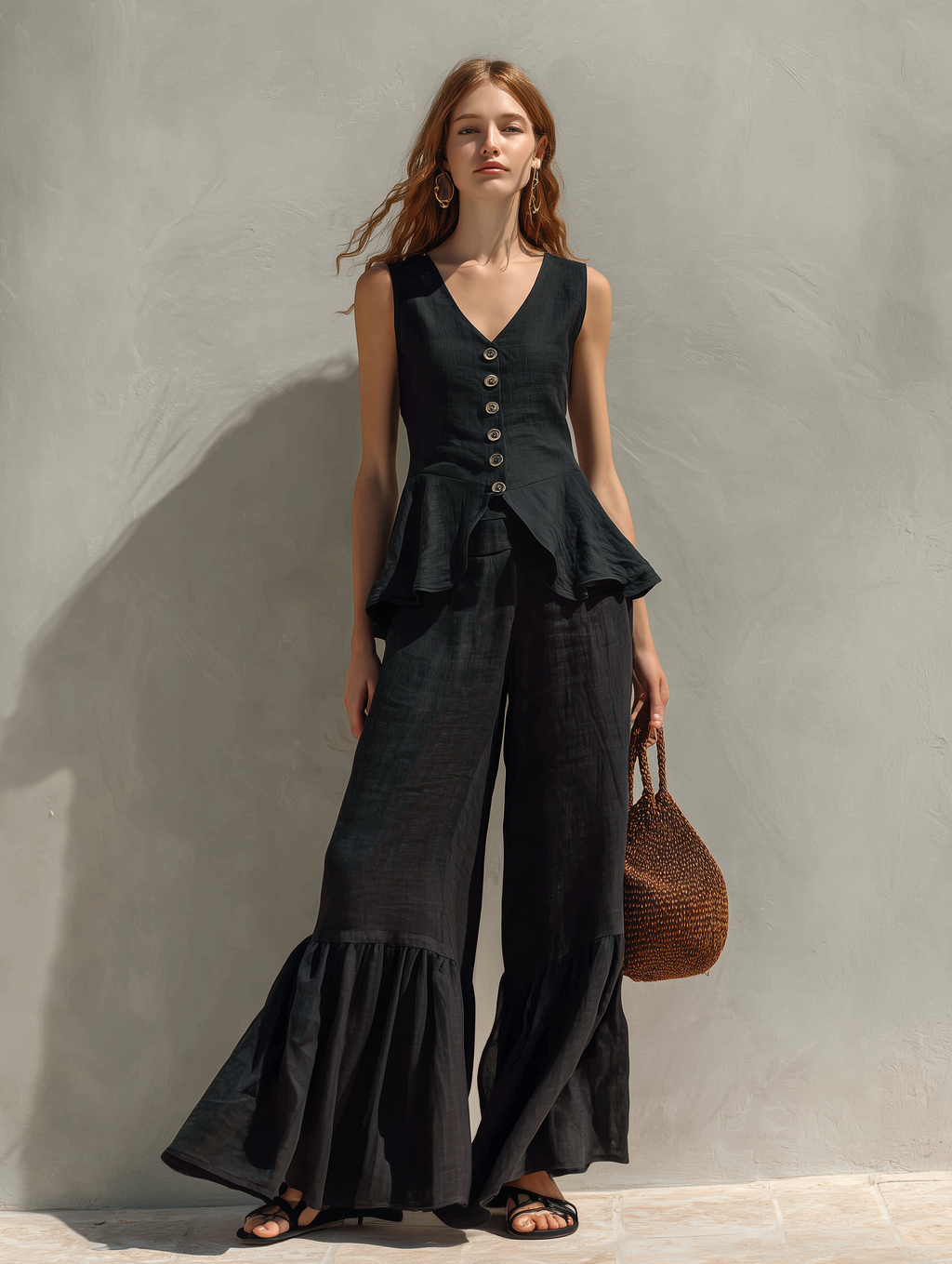 Women’s Black Cotton-Linen Two-Piece Set — V-Neck Ruffled Sleeveless Top & Relaxed Trousers, Casual Chic Outfit