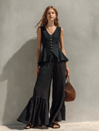 Women’s Black Cotton-Linen Two-Piece Set — V-Neck Ruffled Sleeveless Top & Relaxed Trousers, Casual Chic Outfit