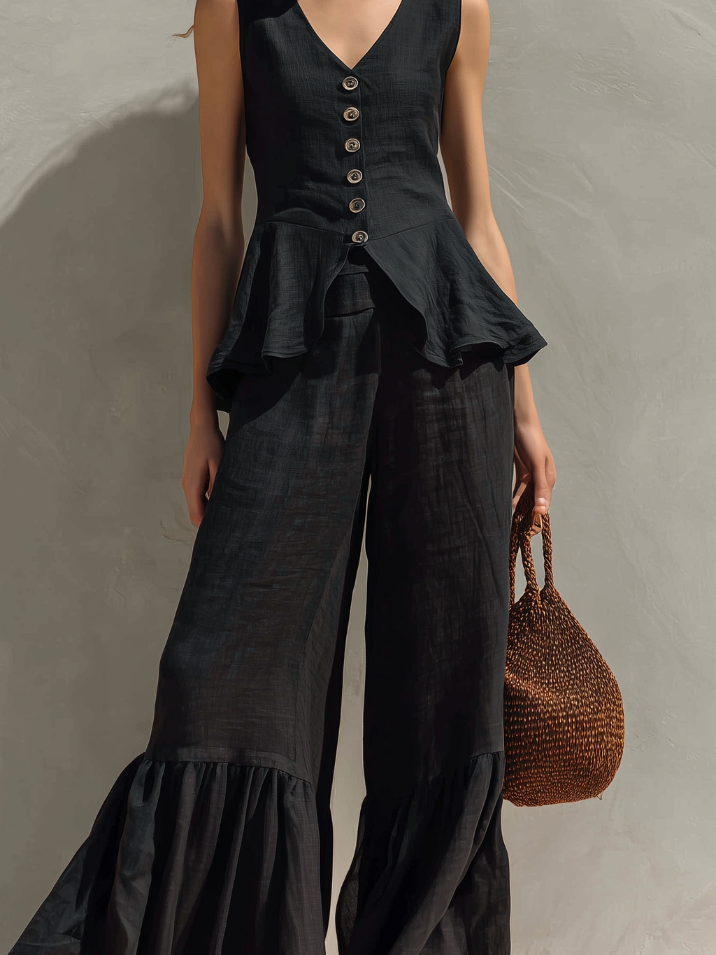 Women’s Black Cotton-Linen Two-Piece Set — V-Neck Ruffled Sleeveless Top & Relaxed Trousers, Casual Chic Outfit