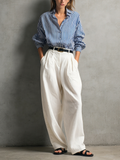 Women’s Blue & White Striped Shirt and White Linen Pants Set – Casual Elegant 2 Piece Summer Outfit