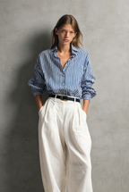 Women’s Blue & White Striped Shirt and White Linen Pants Set – Casual Elegant 2 Piece Summer Outfit