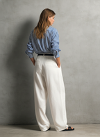 Women’s Blue & White Striped Shirt and White Linen Pants Set – Casual Elegant 2 Piece Summer Outfit