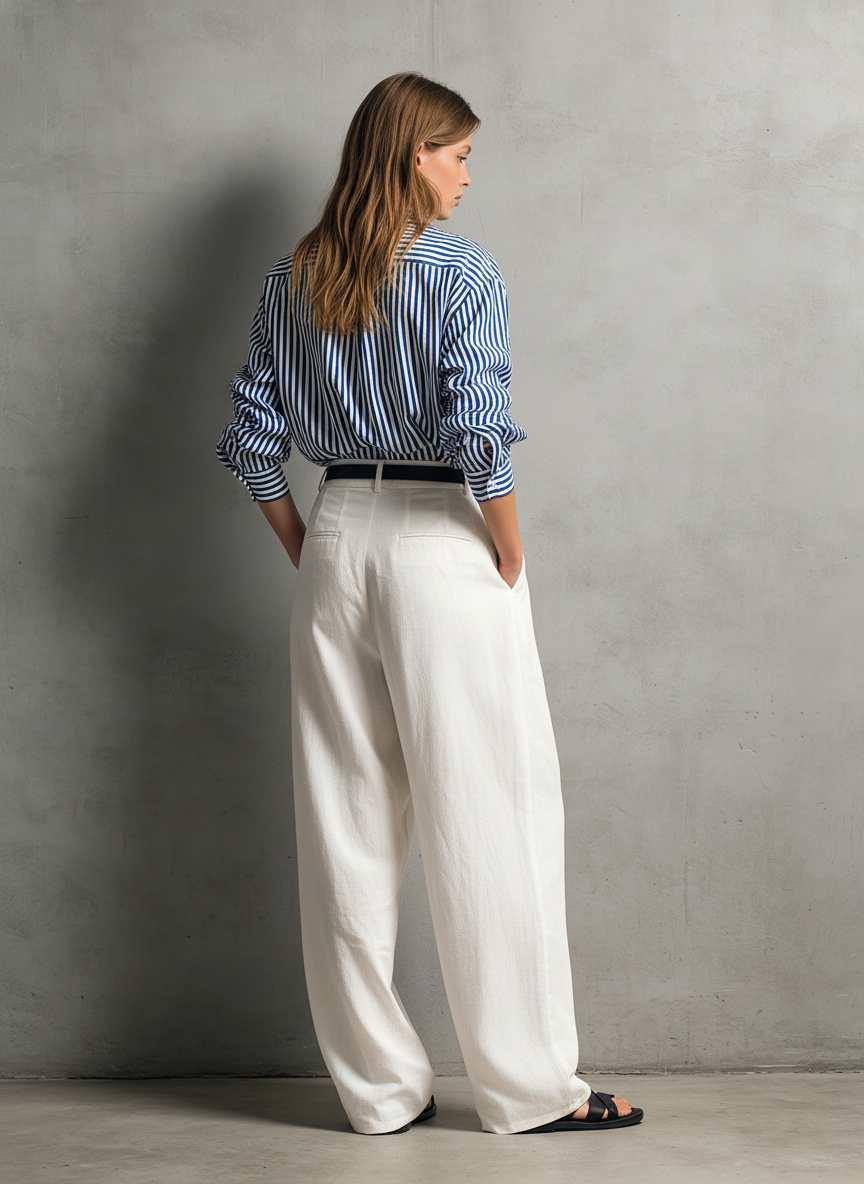 Women’s Blue & White Striped Shirt and White Linen Pants Set – Casual Elegant 2 Piece Summer Outfit