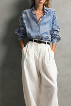 Women’s Blue & White Striped Shirt and White Linen Pants Set – Casual Elegant 2 Piece Summer Outfit
