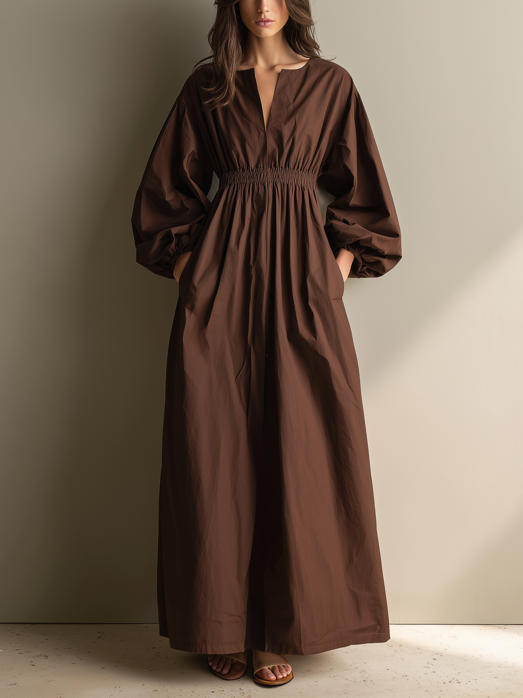 Chocolate Brown Smocked Waist linen Maxi  Dress Women's Balloon Sleeve V-Neck Midi Dress with Pockets