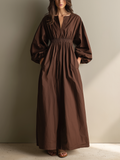 Chocolate Brown Smocked Waist linen Maxi  Dress Women's Balloon Sleeve V-Neck Midi Dress with Pockets
