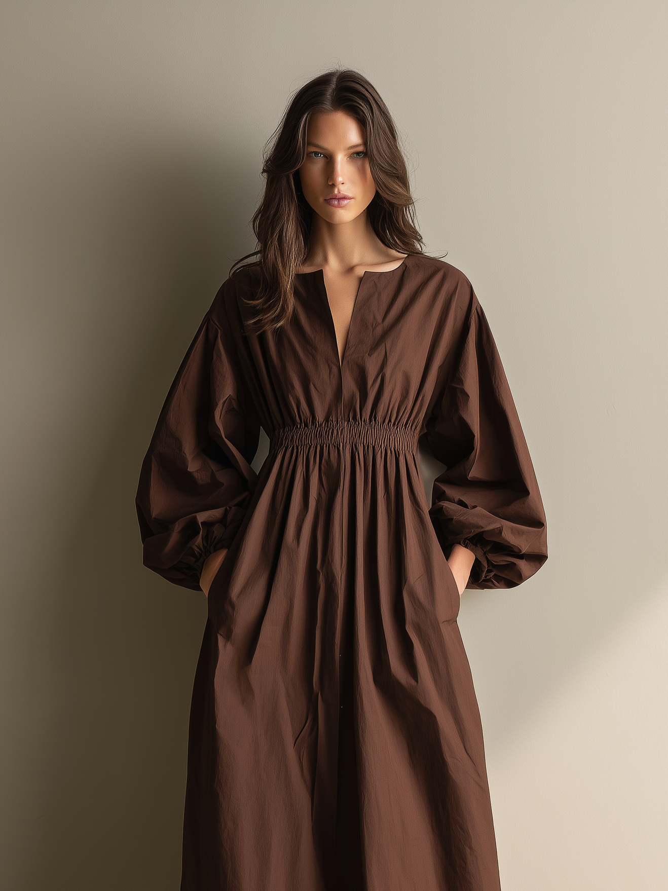 Chocolate Brown Smocked Waist linen Maxi  Dress Women's Balloon Sleeve V-Neck Midi Dress with Pockets