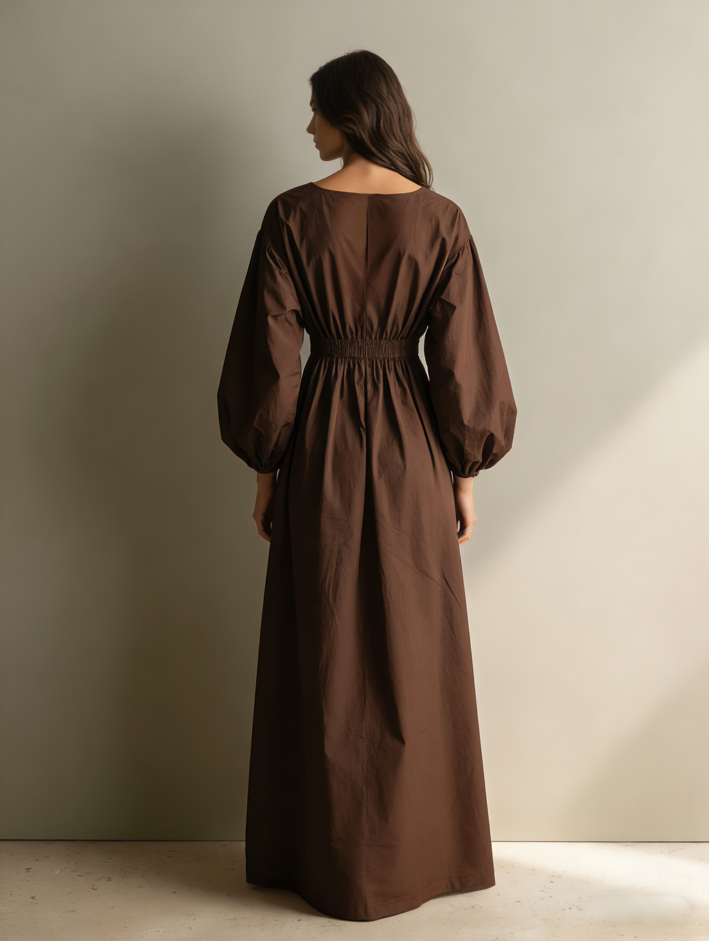Chocolate Brown Smocked Waist linen Maxi  Dress Women's Balloon Sleeve V-Neck Midi Dress with Pockets