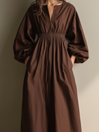 Chocolate Brown Smocked Waist linen Maxi  Dress Women's Balloon Sleeve V-Neck Midi Dress with Pockets