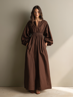 Chocolate Brown Smocked Waist linen Maxi  Dress Women's Balloon Sleeve V-Neck Midi Dress with Pockets