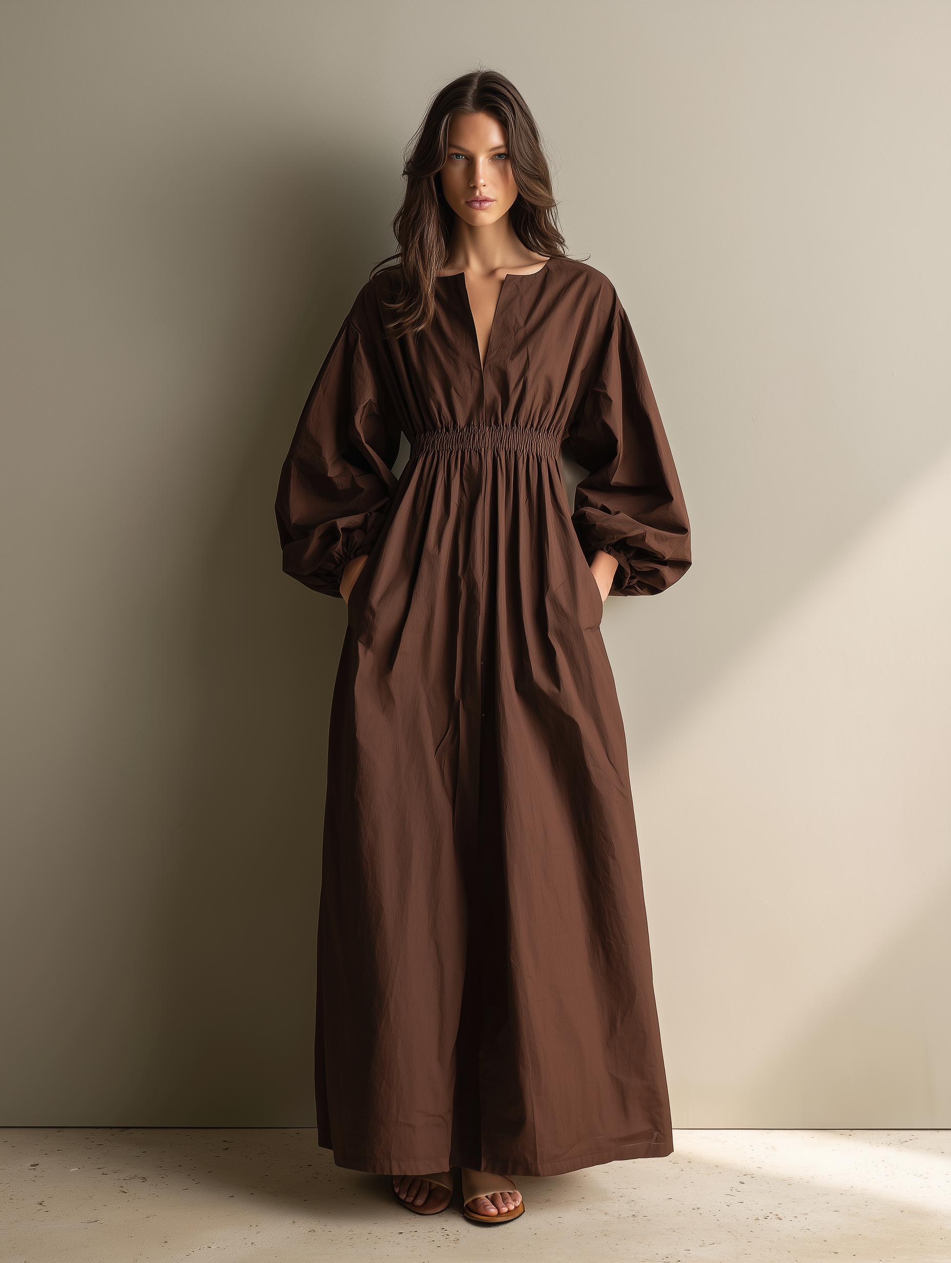Chocolate Brown Smocked Waist linen Maxi  Dress Women's Balloon Sleeve V-Neck Midi Dress with Pockets