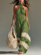 Women’s Green Halter Neck Maxi Dress — Casual Woven Sleeveless Flowing Summer Dress