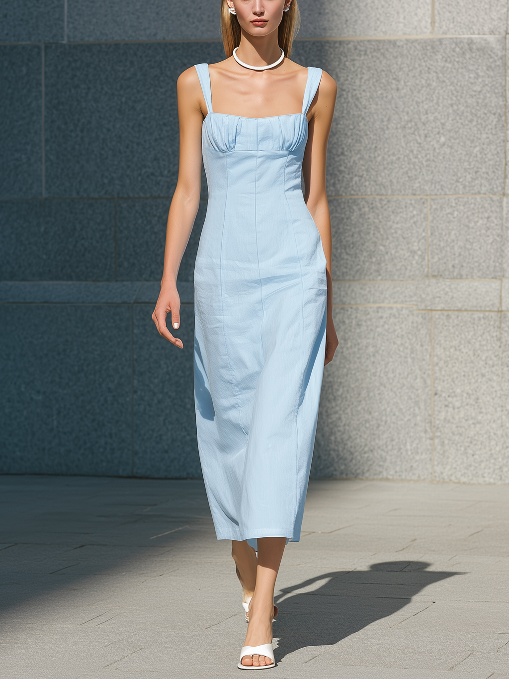 Women’s Light Blue Woven Spaghetti Strap Maxi Dress Sleeveless Loose Fit Flowy Summer Casual Beach Vacation Dress