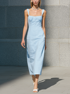 Women’s Light Blue Woven Spaghetti Strap Maxi Dress Sleeveless Loose Fit Flowy Summer Casual Beach Vacation Dress