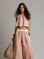 Women’s Casual Light Pink Two-Piece Set — V-Neck Sleeveless Top & Relaxed Trousers, Effortless Everyday Chic Outfit