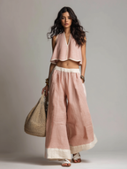 Women’s Casual Light Pink Two-Piece Set — V-Neck Sleeveless Top & Relaxed Trousers, Effortless Everyday Chic Outfit