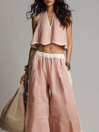 Women’s Casual Light Pink Two-Piece Set — V-Neck Sleeveless Top & Relaxed Trousers, Effortless Everyday Chic Outfit