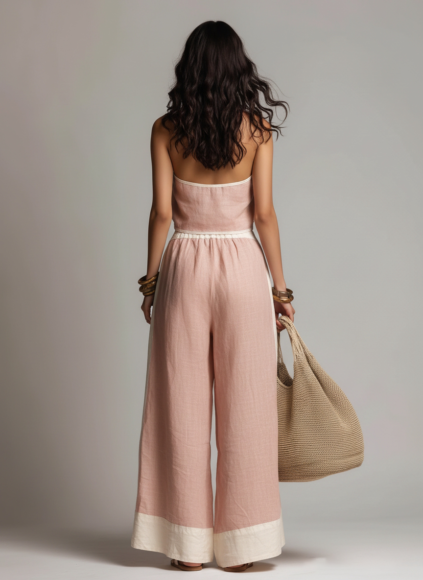 Women’s Casual Light Pink Two-Piece Set — V-Neck Sleeveless Top & Relaxed Trousers, Effortless Everyday Chic Outfit