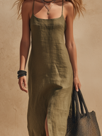 Olive Green Linen Spaghetti Strap Maxi Dress  Women's Minimalist Scoop Neck Slip Dress with Side Slit