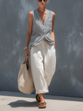 Women’s Striped Sleeveless Vest & White Cotton Linen Trousers Set – Casual Two-Piece Summer Outfit