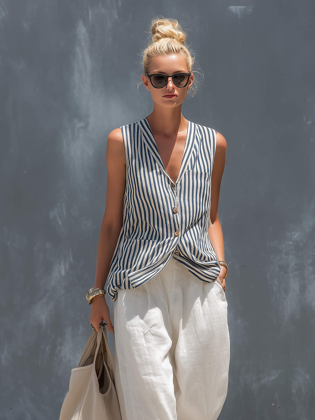 Women’s Striped Sleeveless Vest & White Cotton Linen Trousers Set – Casual Two-Piece Summer Outfit
