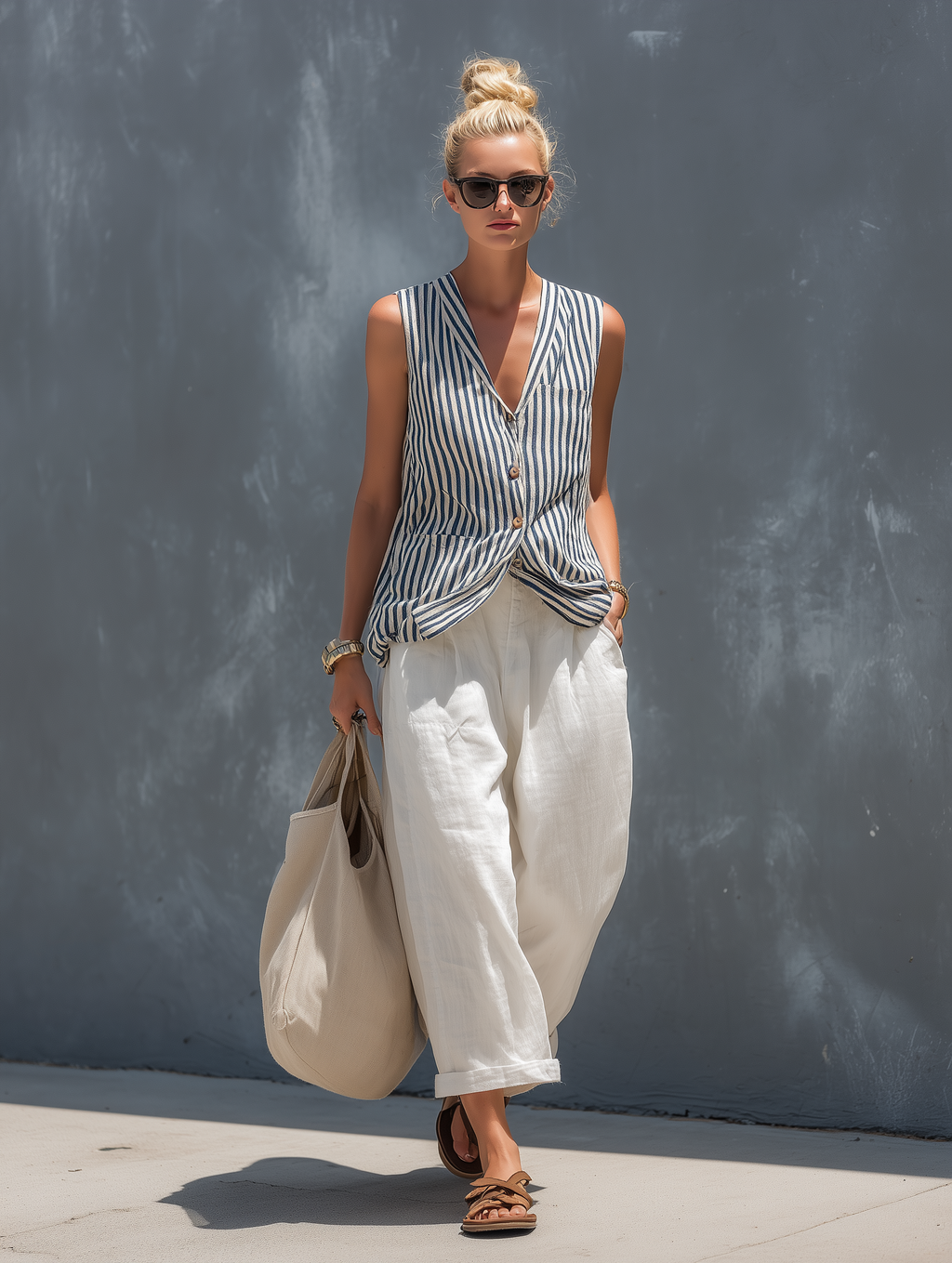 Women’s Striped Sleeveless Vest & White Cotton Linen Trousers Set – Casual Two-Piece Summer Outfit