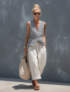 Women’s Striped Sleeveless Vest & White Cotton Linen Trousers Set – Casual Two-Piece Summer Outfit