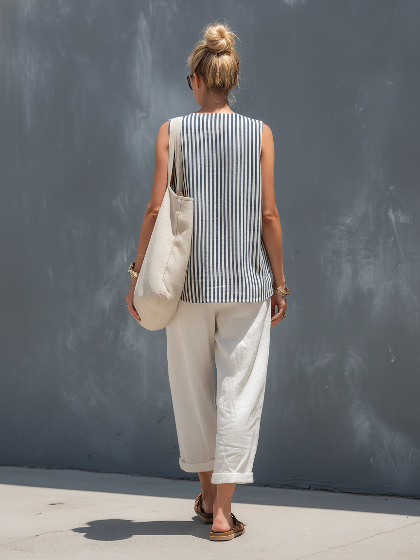 Women’s Striped Sleeveless Vest & White Cotton Linen Trousers Set – Casual Two-Piece Summer Outfit