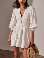 Women’s White Cotton Linen Mini Dress – Round Neck Mid Sleeve Casual Summer Dress
