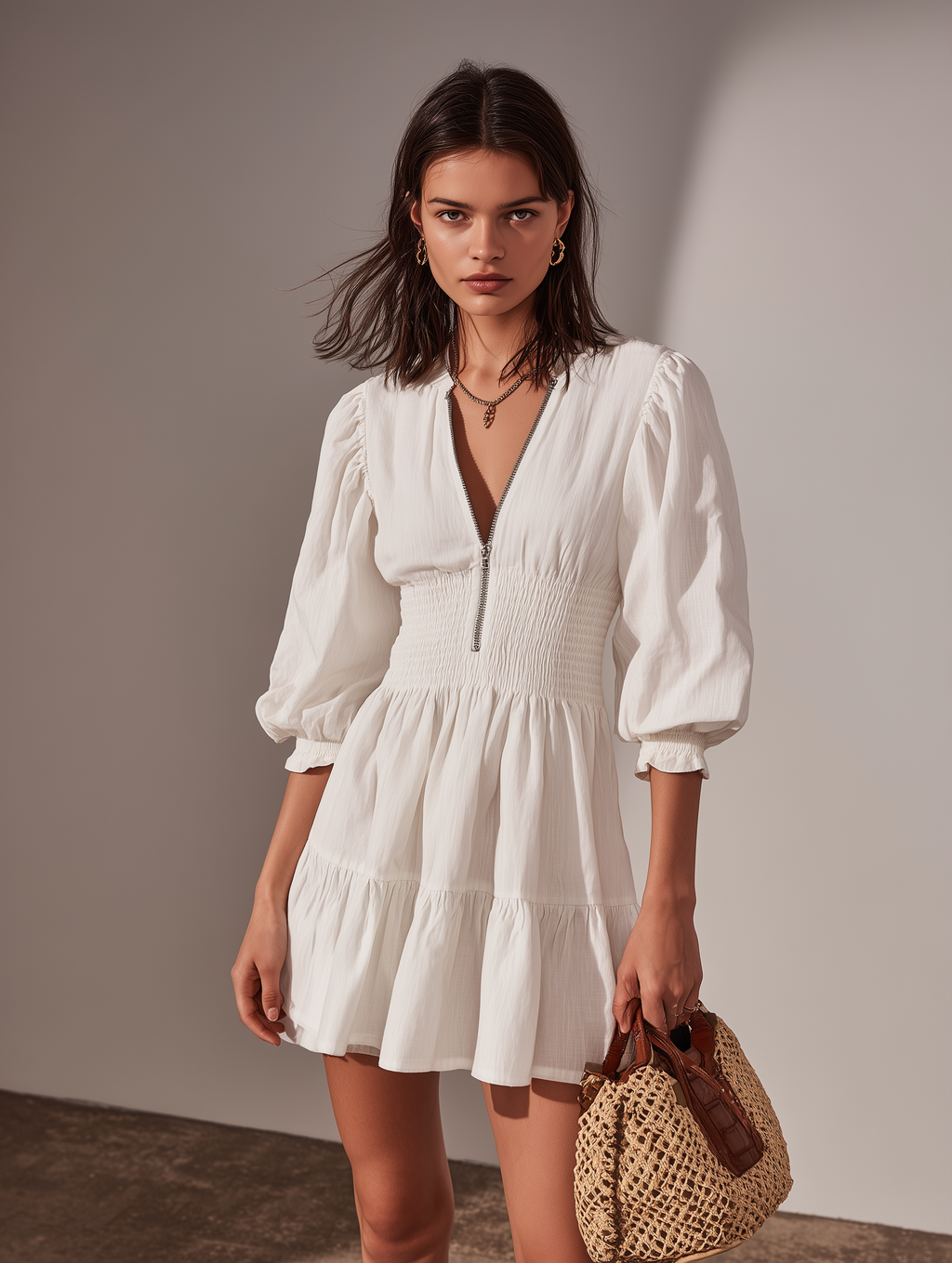 Women’s White Cotton Linen Mini Dress – Round Neck Mid Sleeve Casual Summer Dress