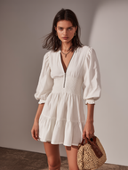 Women’s White Cotton Linen Mini Dress – Round Neck Mid Sleeve Casual Summer Dress