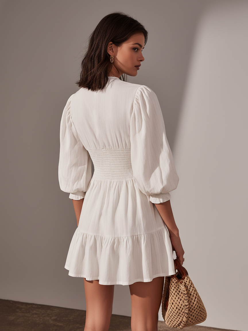 Women’s White Cotton Linen Mini Dress – Round Neck Mid Sleeve Casual Summer Dress