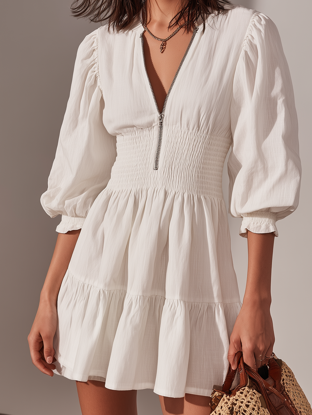 Women’s White Cotton Linen Mini Dress – Round Neck Mid Sleeve Casual Summer Dress