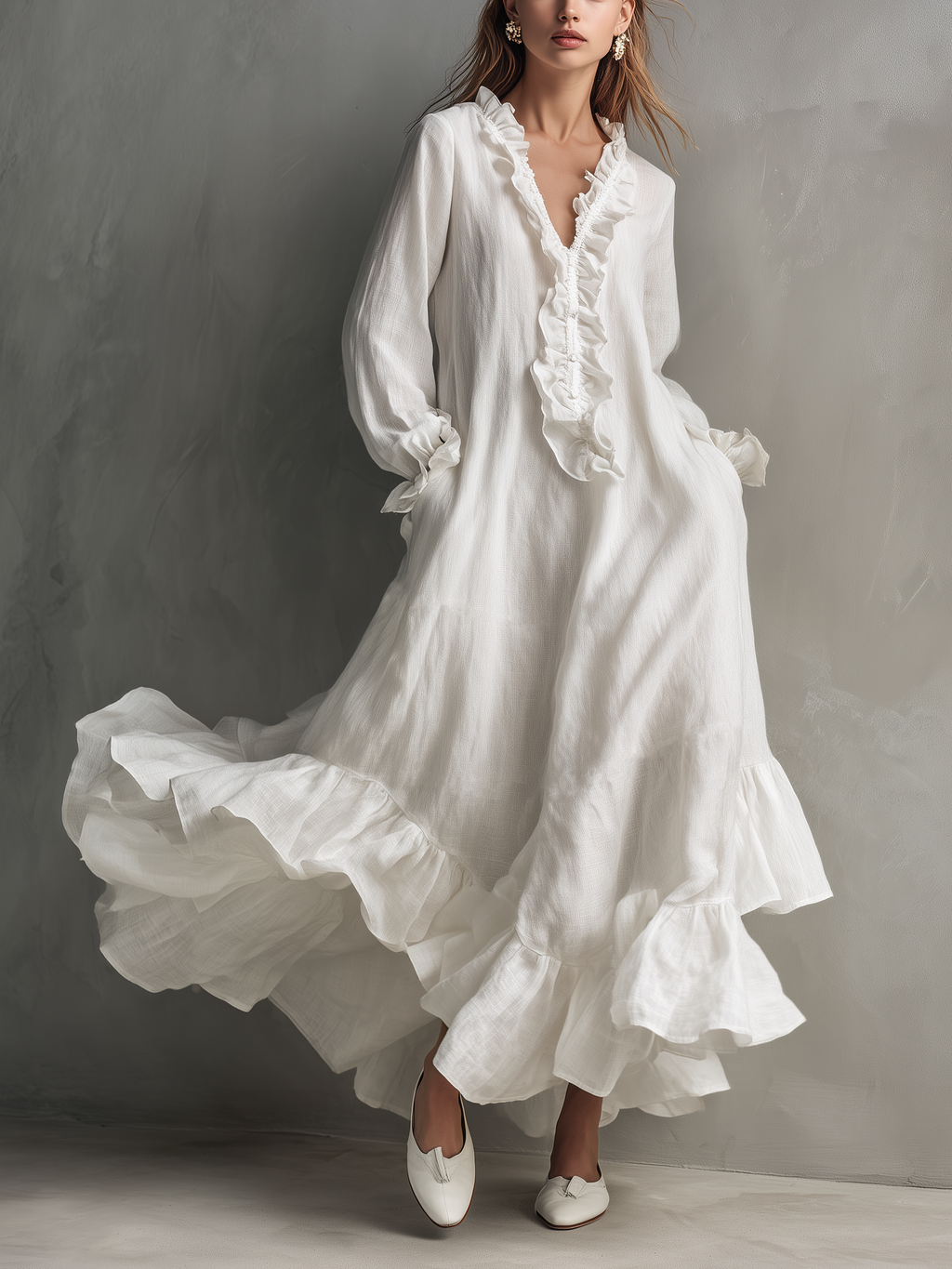 White Ruffle Trim Linen Maxi Dress Women's Romantic V-Neck Balloon Sleeve Boho Dress with Ruffle Hem