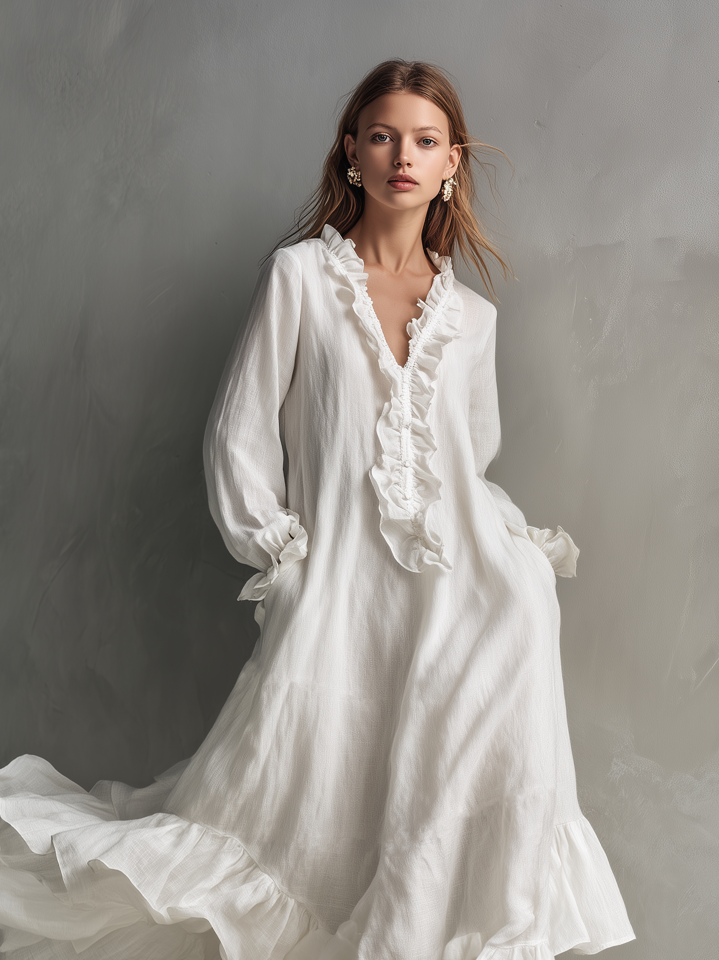 White Ruffle Trim Linen Maxi Dress Women's Romantic V-Neck Balloon Sleeve Boho Dress with Ruffle Hem