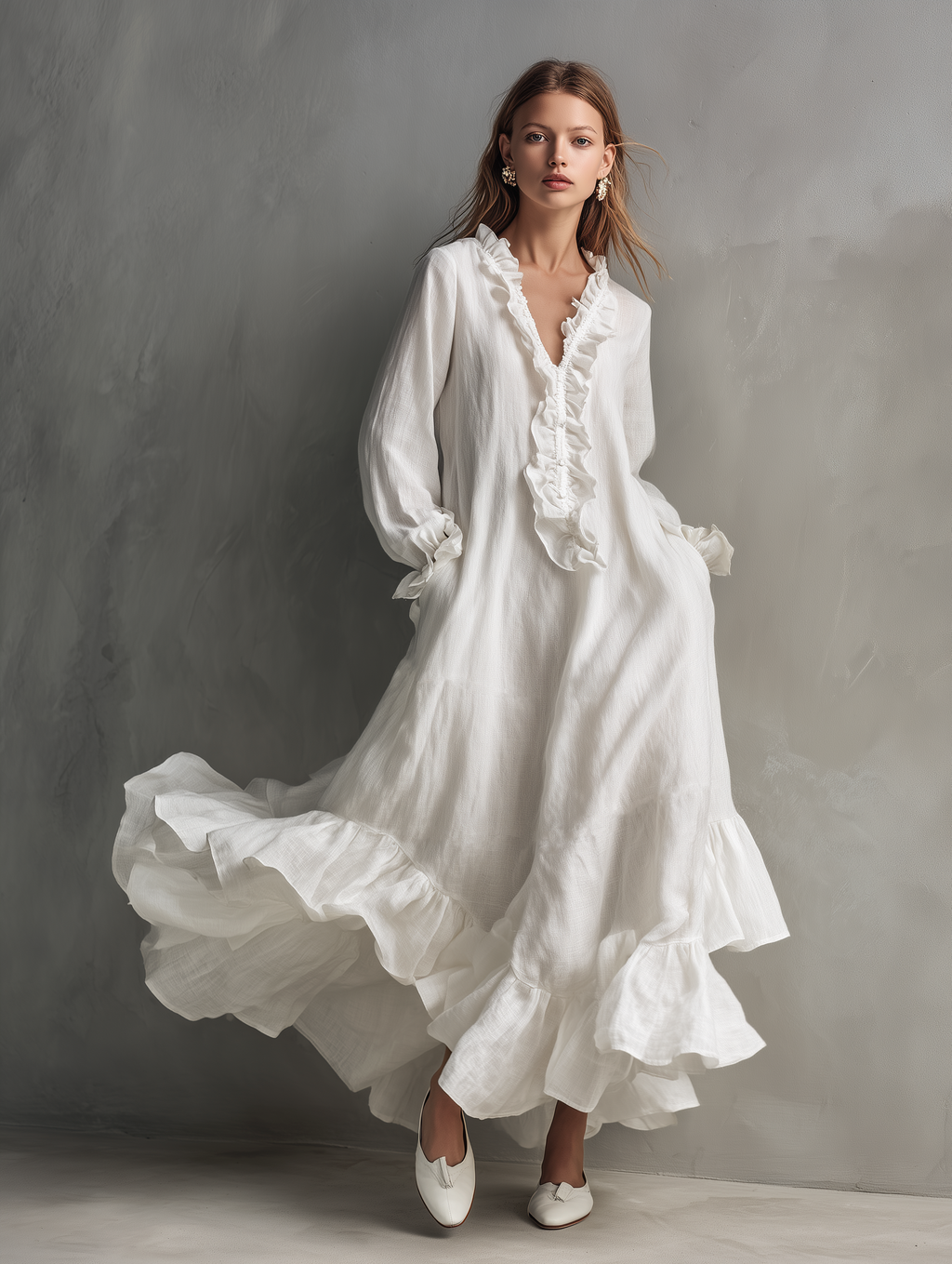 White Ruffle Trim Linen Maxi Dress Women's Romantic V-Neck Balloon Sleeve Boho Dress with Ruffle Hem
