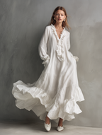 White Ruffle Trim Linen Maxi Dress Women's Romantic V-Neck Balloon Sleeve Boho Dress with Ruffle Hem