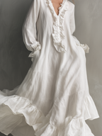 White Ruffle Trim Linen Maxi Dress Women's Romantic V-Neck Balloon Sleeve Boho Dress with Ruffle Hem