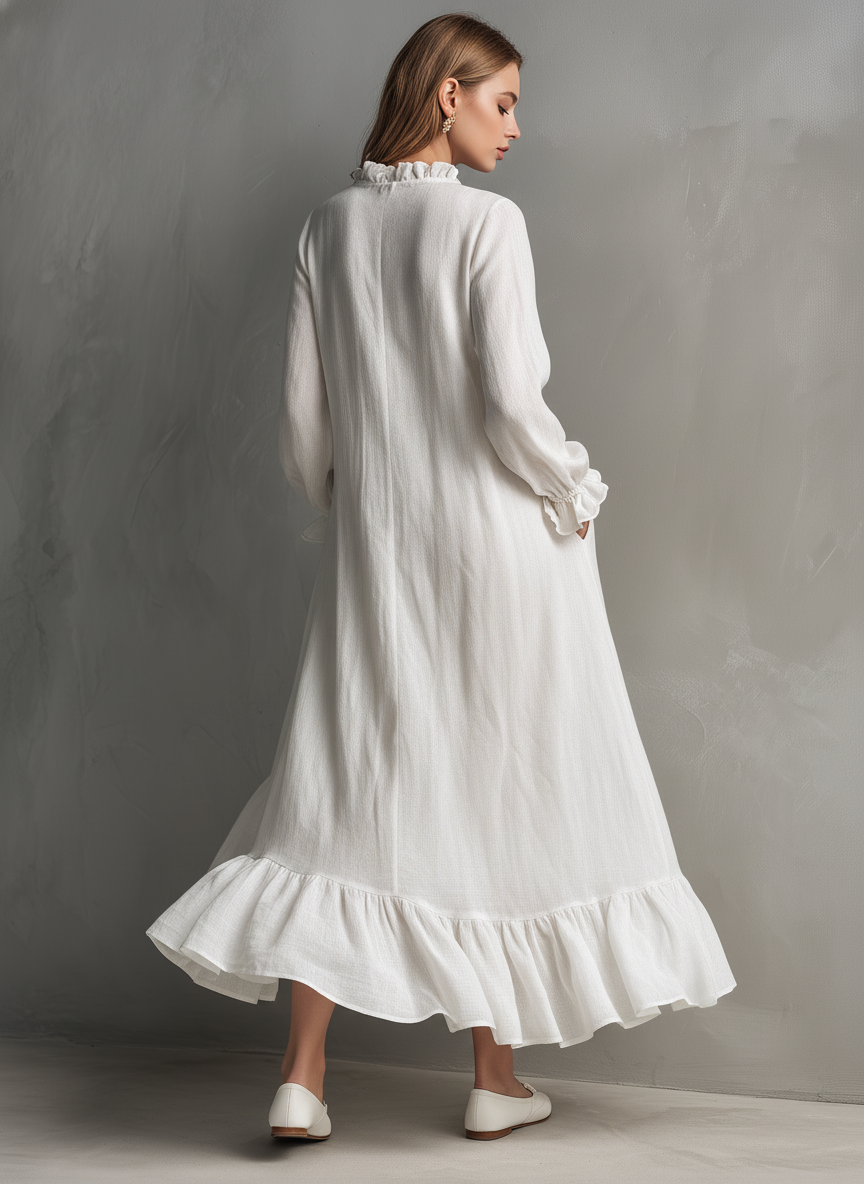 White Ruffle Trim Linen Maxi Dress Women's Romantic V-Neck Balloon Sleeve Boho Dress with Ruffle Hem